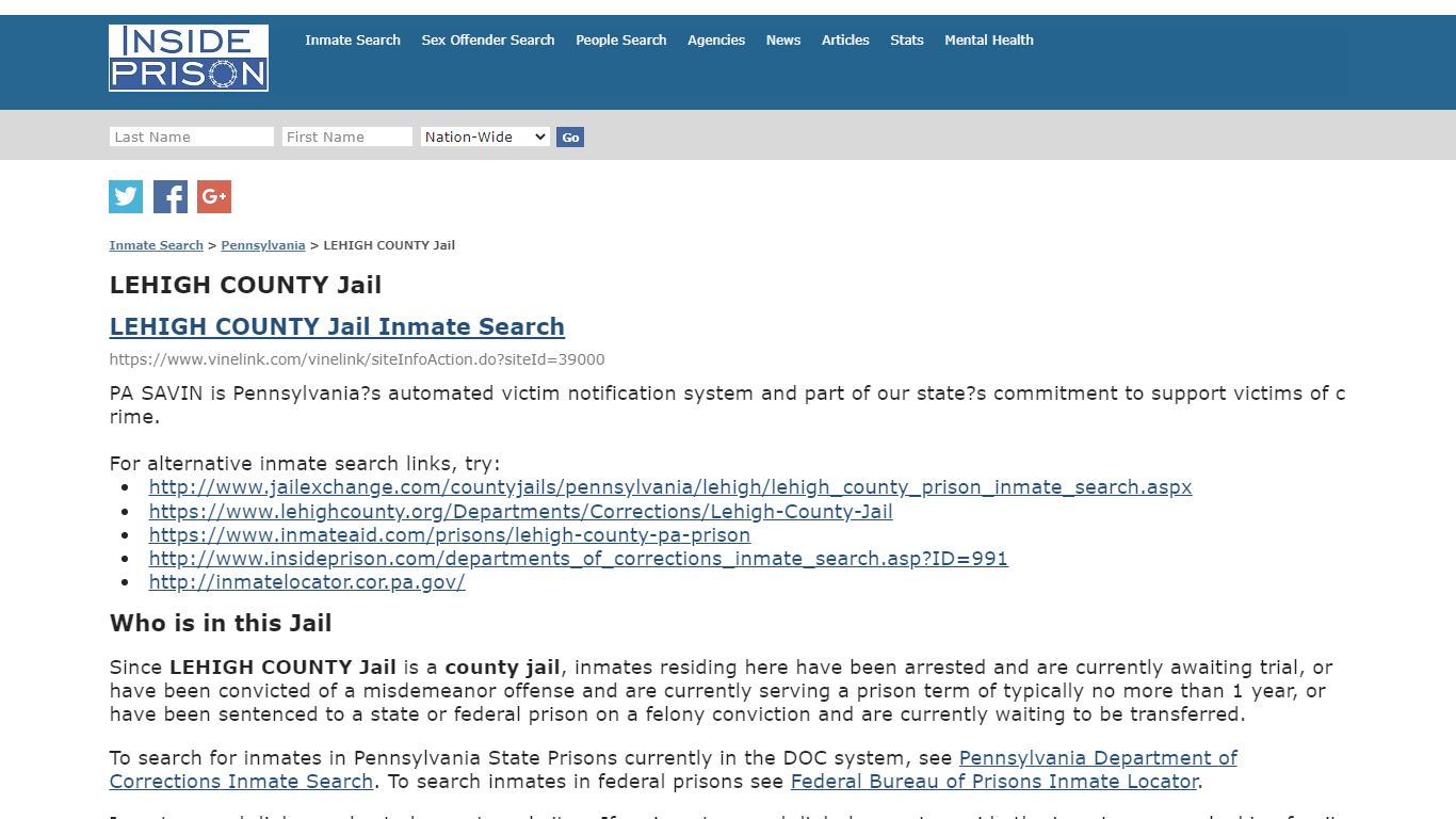 LEHIGH COUNTY Jail - Pennsylvania - Inmate Search
